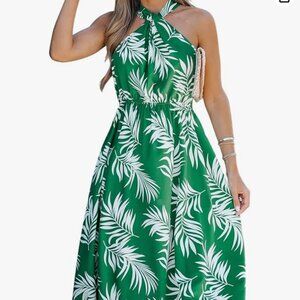 CUPSHE Women's Midi Dress Tropical Leaf Print Knotted Halter Long Dress Elastic